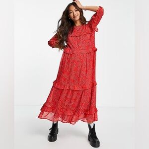 Wednesday's Girl frill detail midi smock dress in red heart print NWT size L